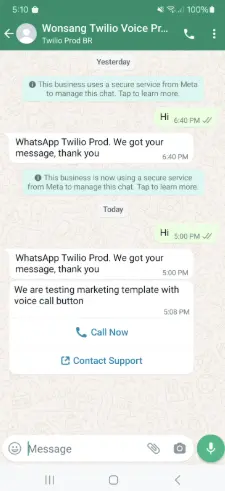 WhatsApp chat showing a marketing template with voice call and contact support buttons.