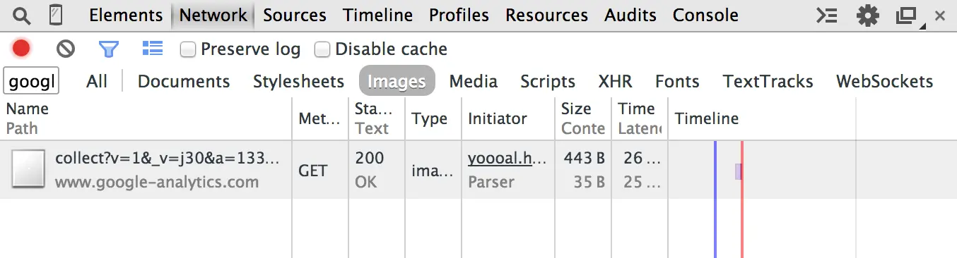 Network tab showing Google Analytics GET request with status 200 OK.