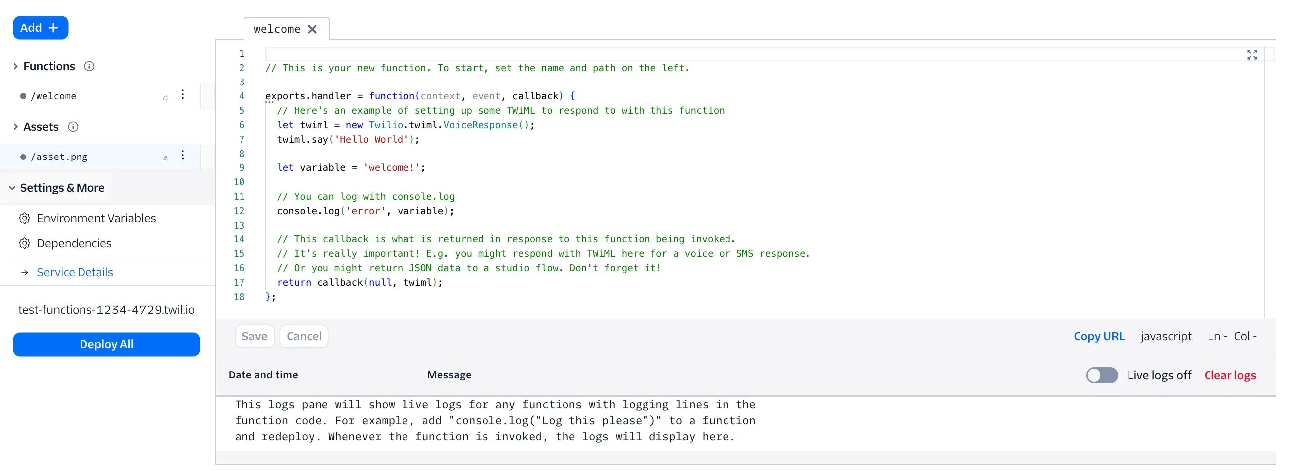 Twilio Functions Console showing code editor with example TwiML function and logs pane.