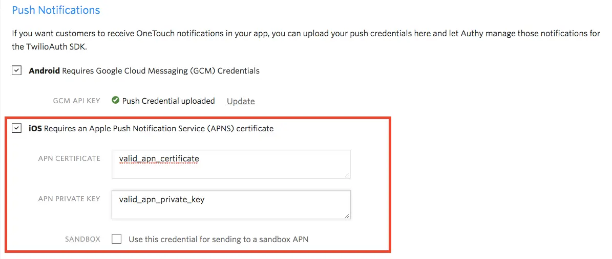 IOS push notification setup with APNS certificate and private key fields.