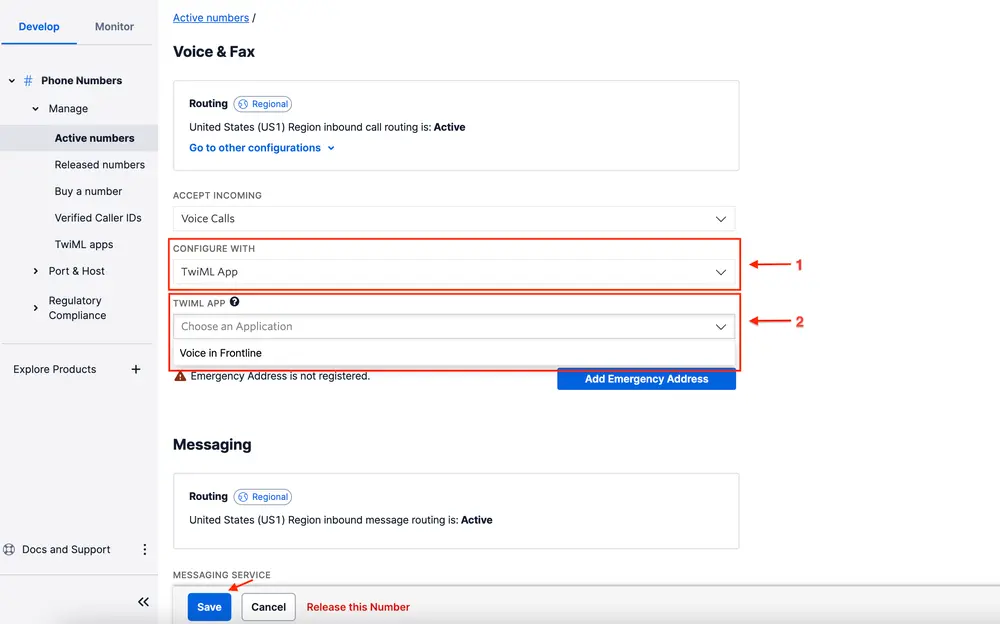 Twilio interface showing configuration of phone number with TwiML App for Voice in Frontline.