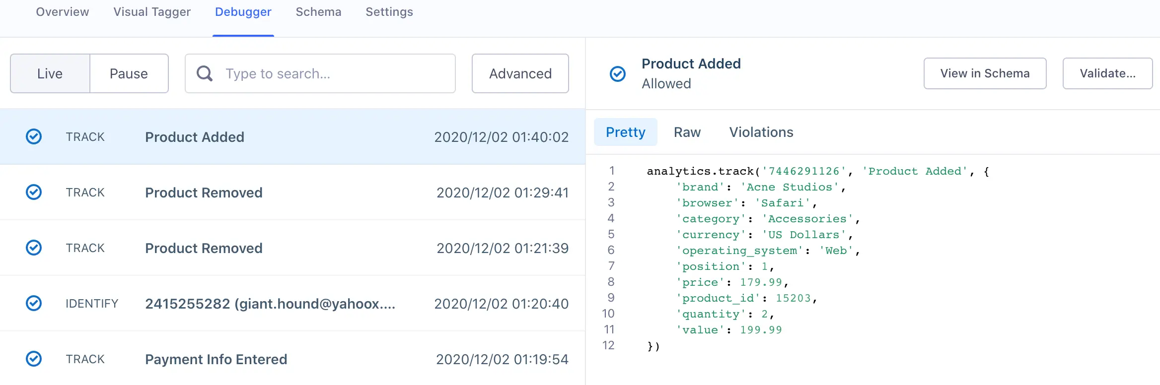 Debugger view with 'Product Added' track event and details in pretty view.
