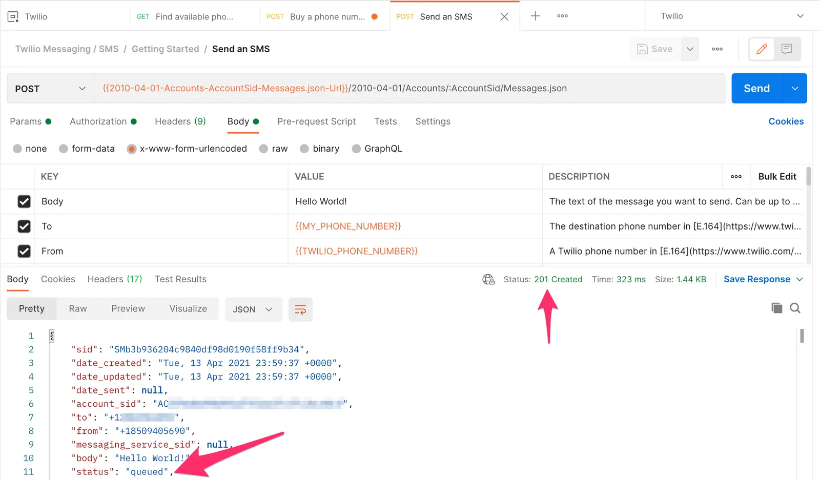Twilio API POST request with status 201 Created for sending SMS.