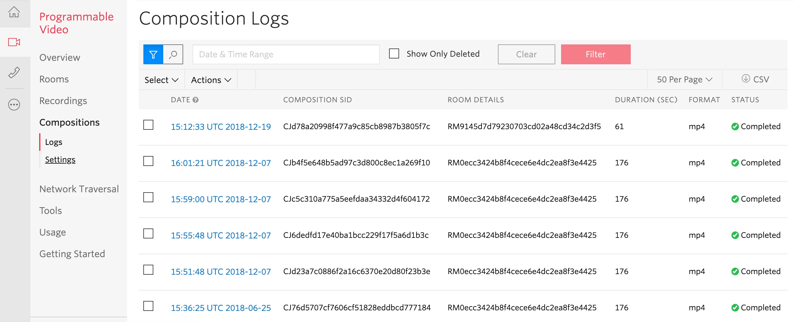 Twilio video composition logs showing timestamps, IDs, durations, formats, and statuses.