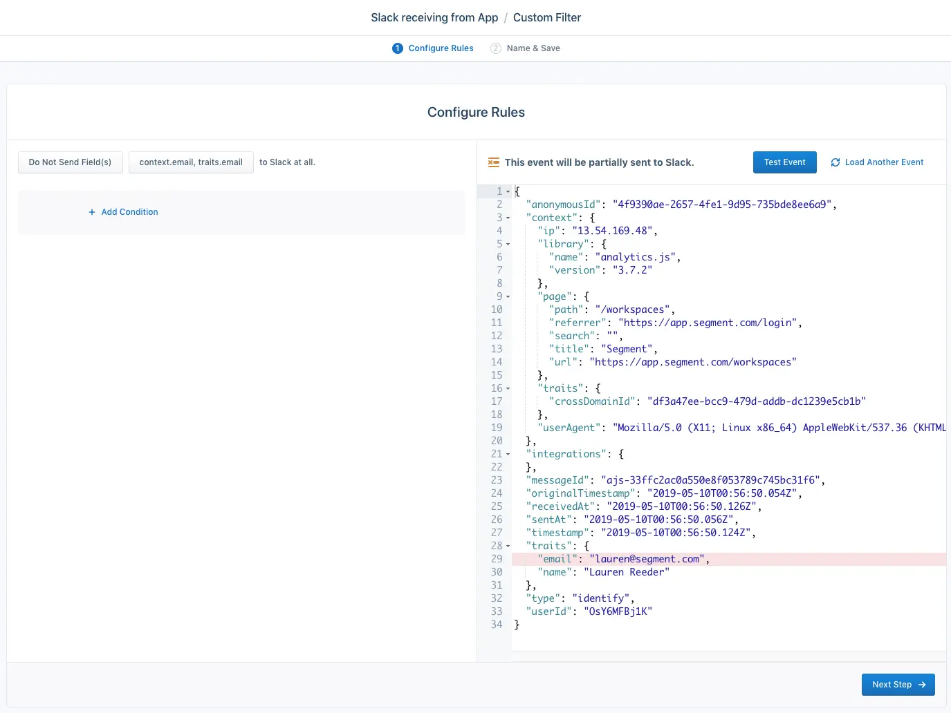 Slack configuration to exclude email fields from being sent, showing JSON data structure.