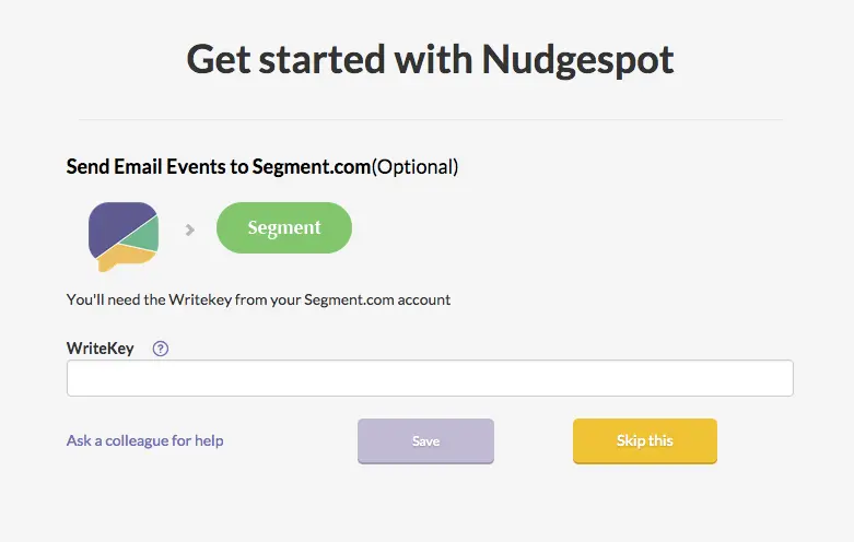 Nudgespot setup with Segment integration option and WriteKey input field.