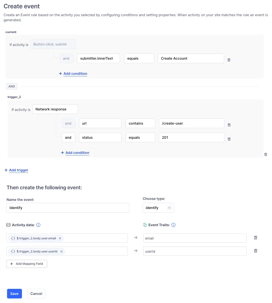 Identify event rule combining UI and network triggers.
