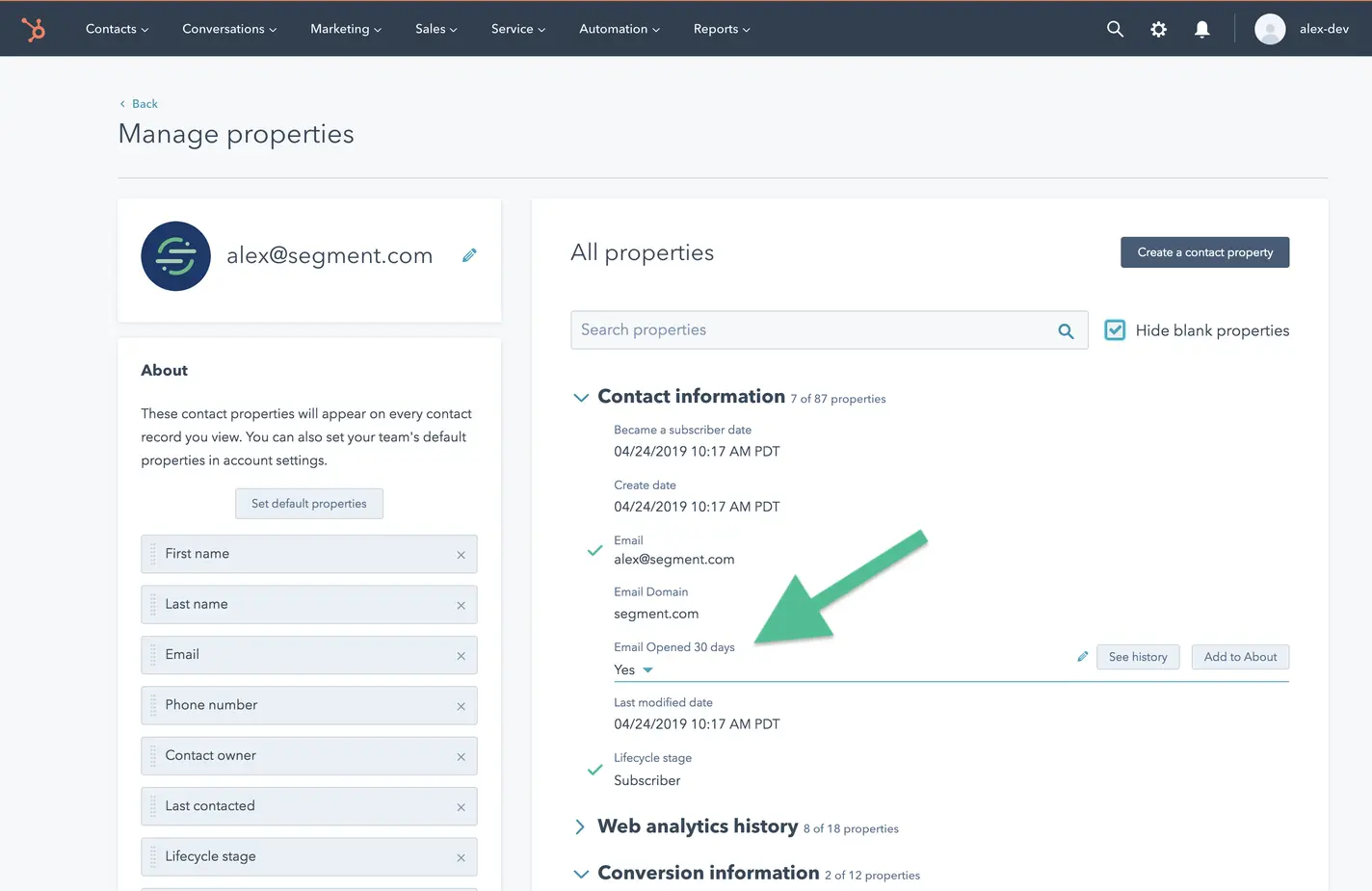 HubSpot Manage Properties page showing contact information and email activity.