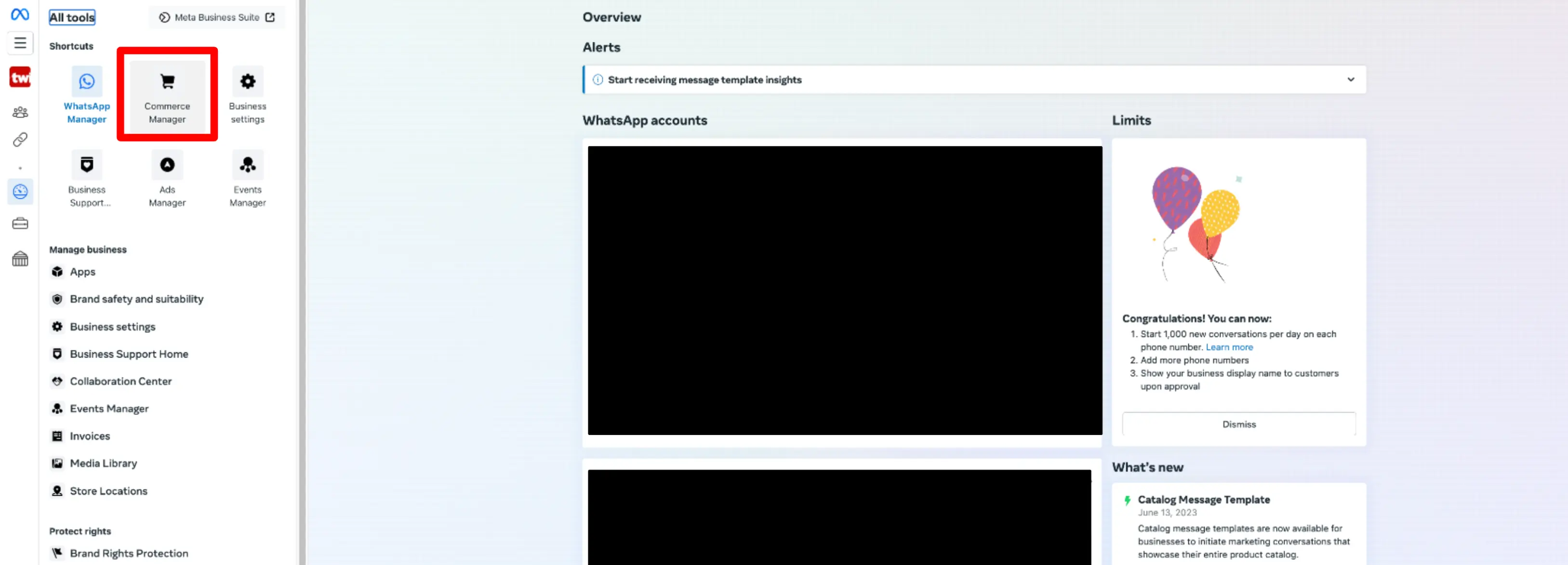 Meta Business Suite showing Commerce Manager shortcut and WhatsApp account limits.