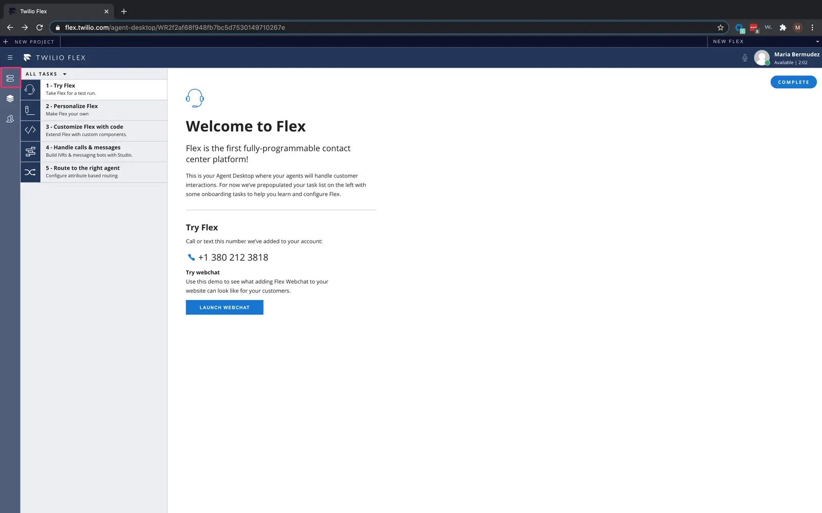 Twilio Flex welcome screen with tasks and contact options.