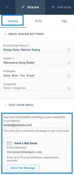 Settings tab showing email design and test email fields with example addresses.