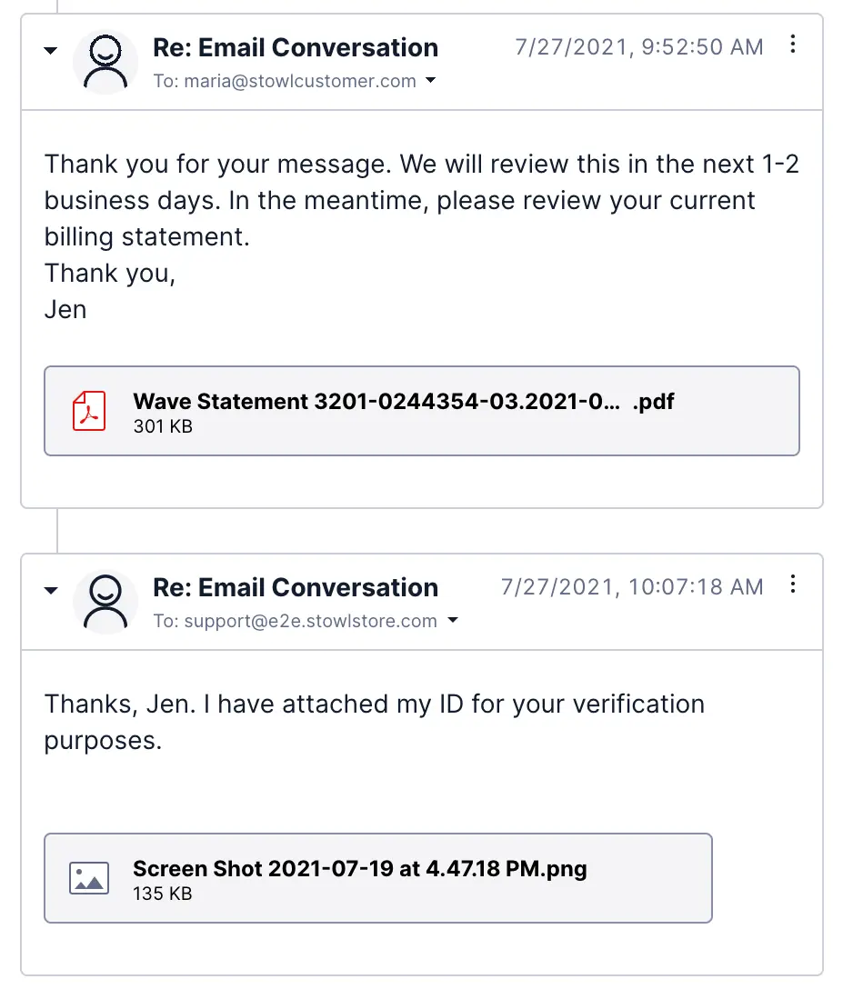 Email thread with attachments: a billing statement PDF and an ID .
