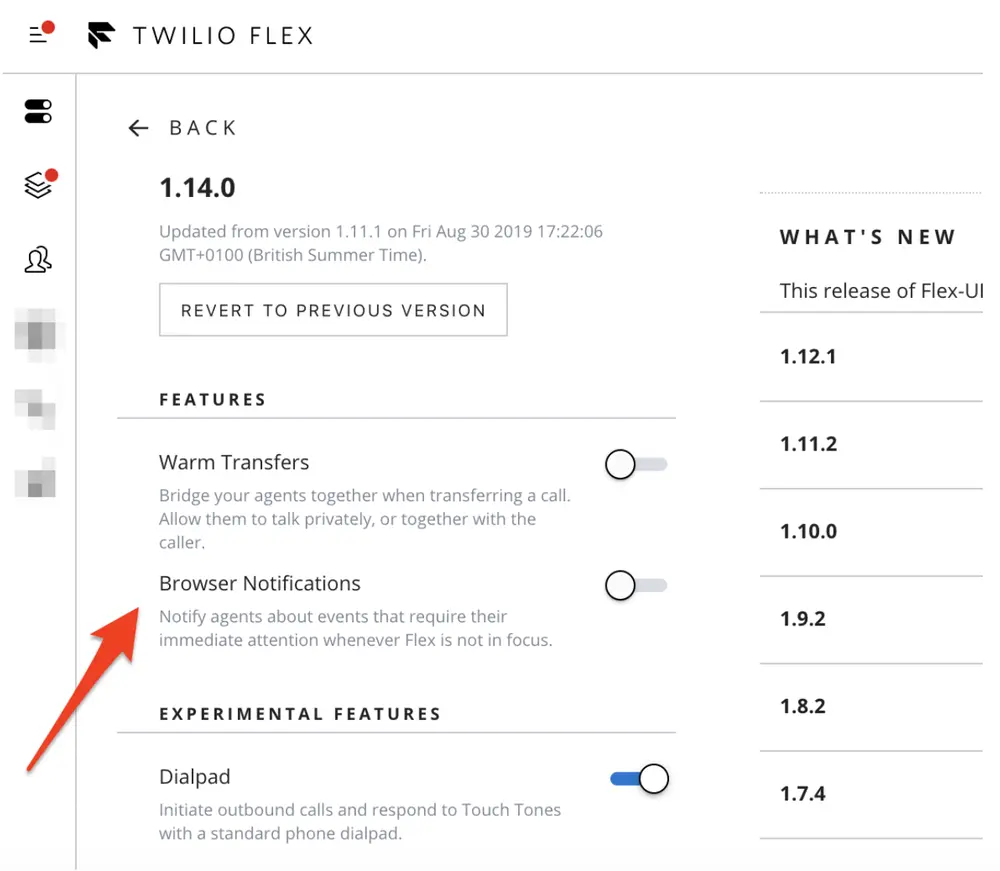 Twilio Flex 1.14.0 release notes highlighting browser notifications feature.