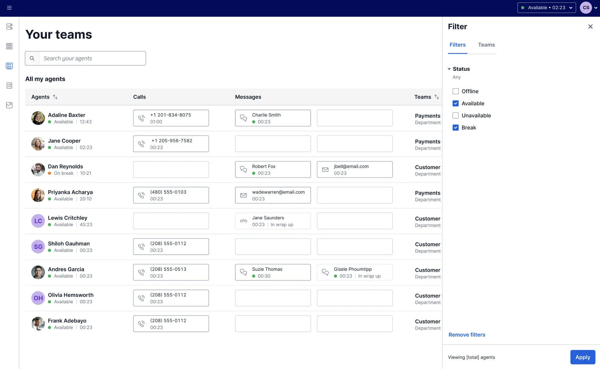 Filters tab on Teams page.