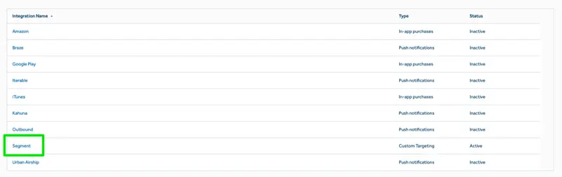 Segment integration highlighted in list with active status in Amplitude.