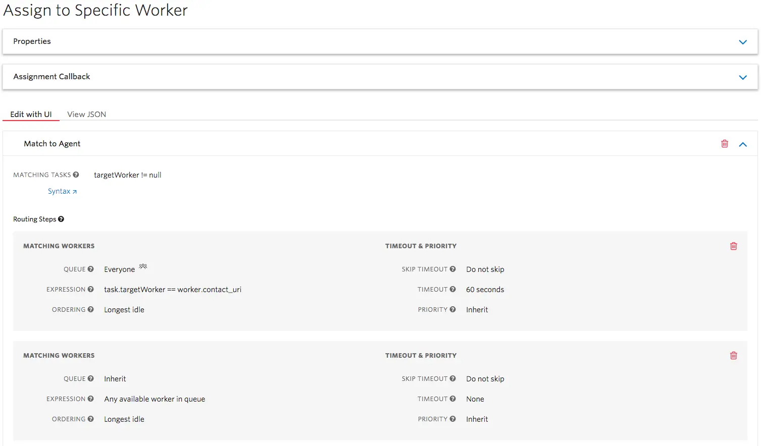 Twilio TaskRouter workflow showing task assignment to specific worker with routing steps and timeout settings.