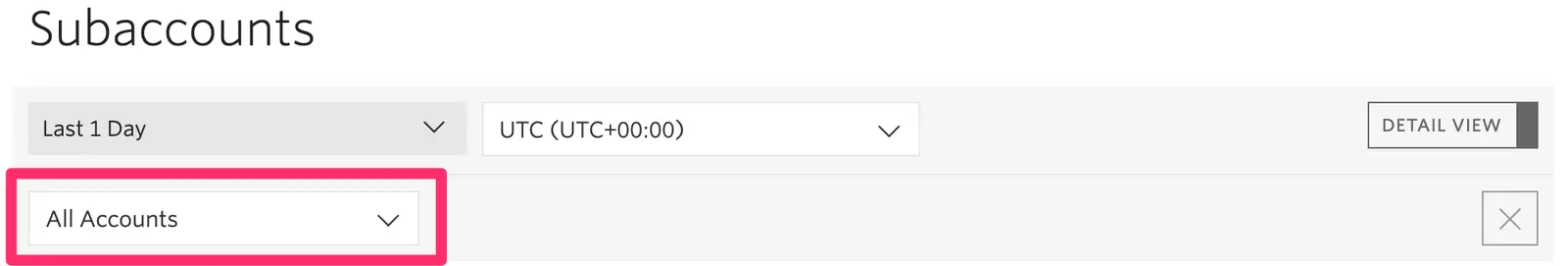 Subaccount dashboard showing filters for time range and account selection.