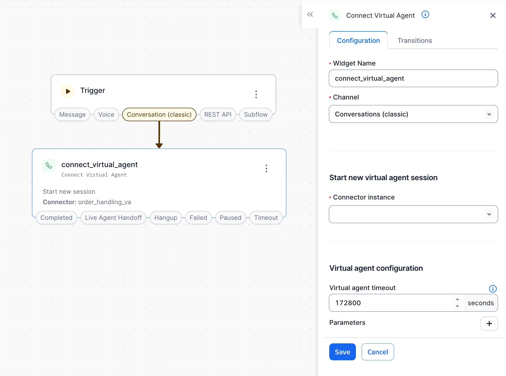 Connect Virtual Agent widget configuration with trigger options and transitions.