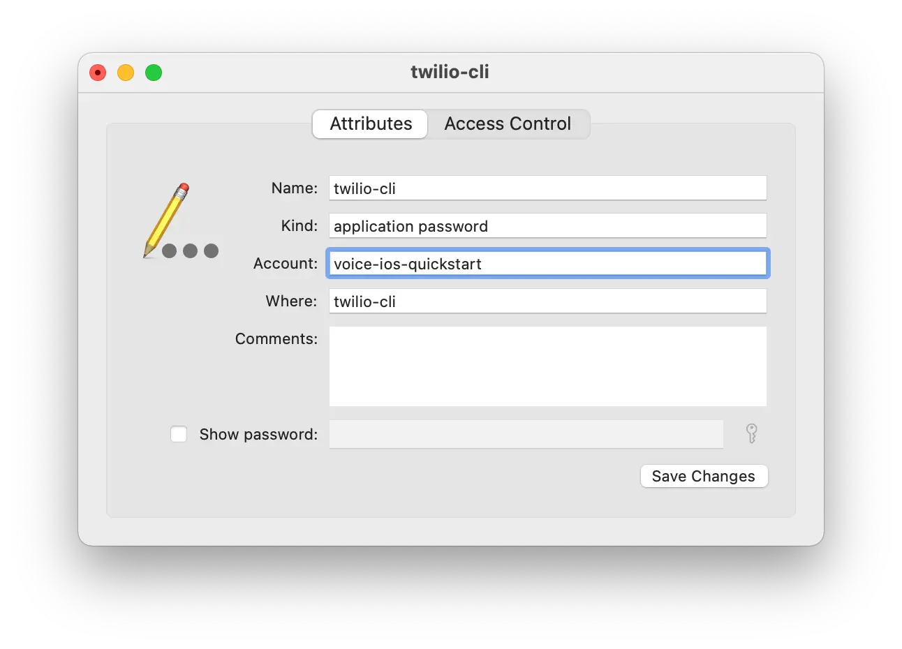 Twilio CLI application password settings showing fields for name, kind, account, and where, with an option to show password.