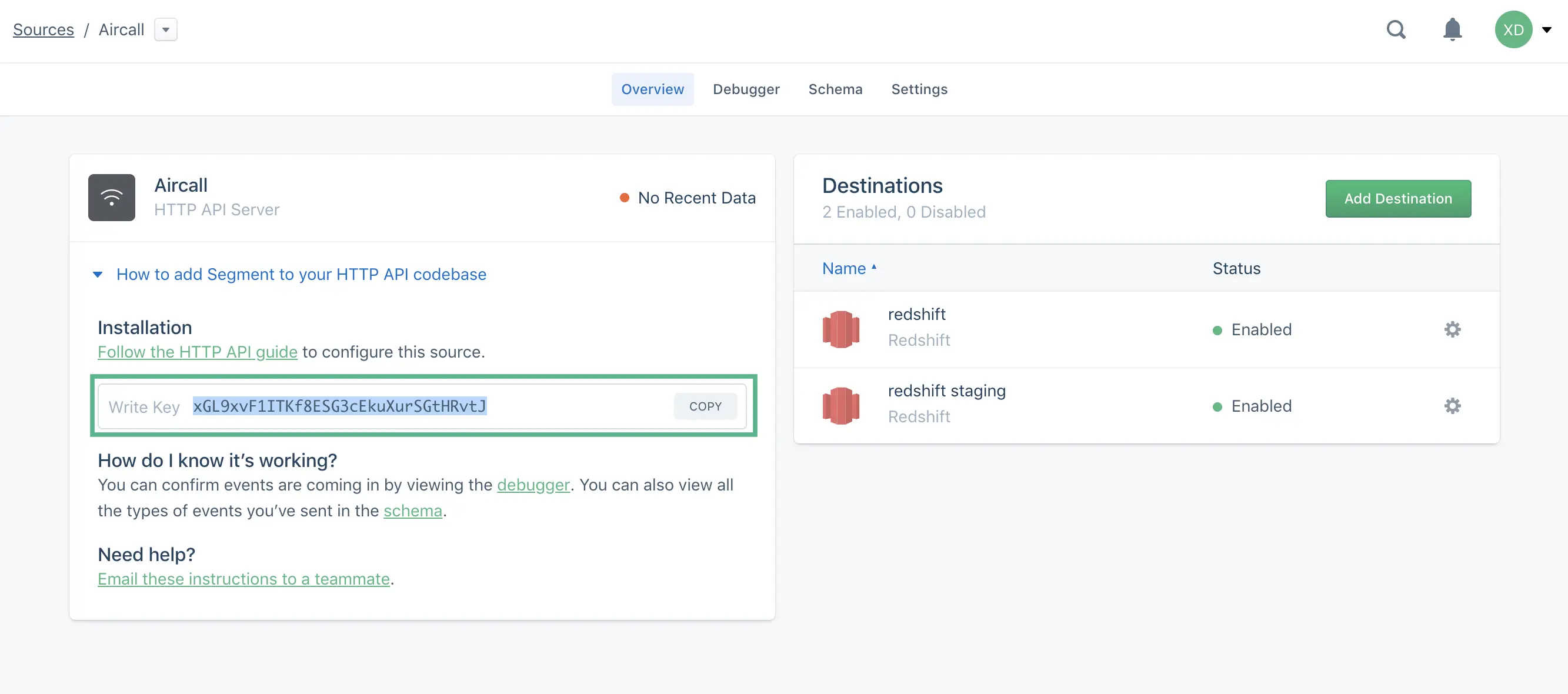 Aircall overview page in Segment with highlighted Write Key and Redshift destinations enabled.