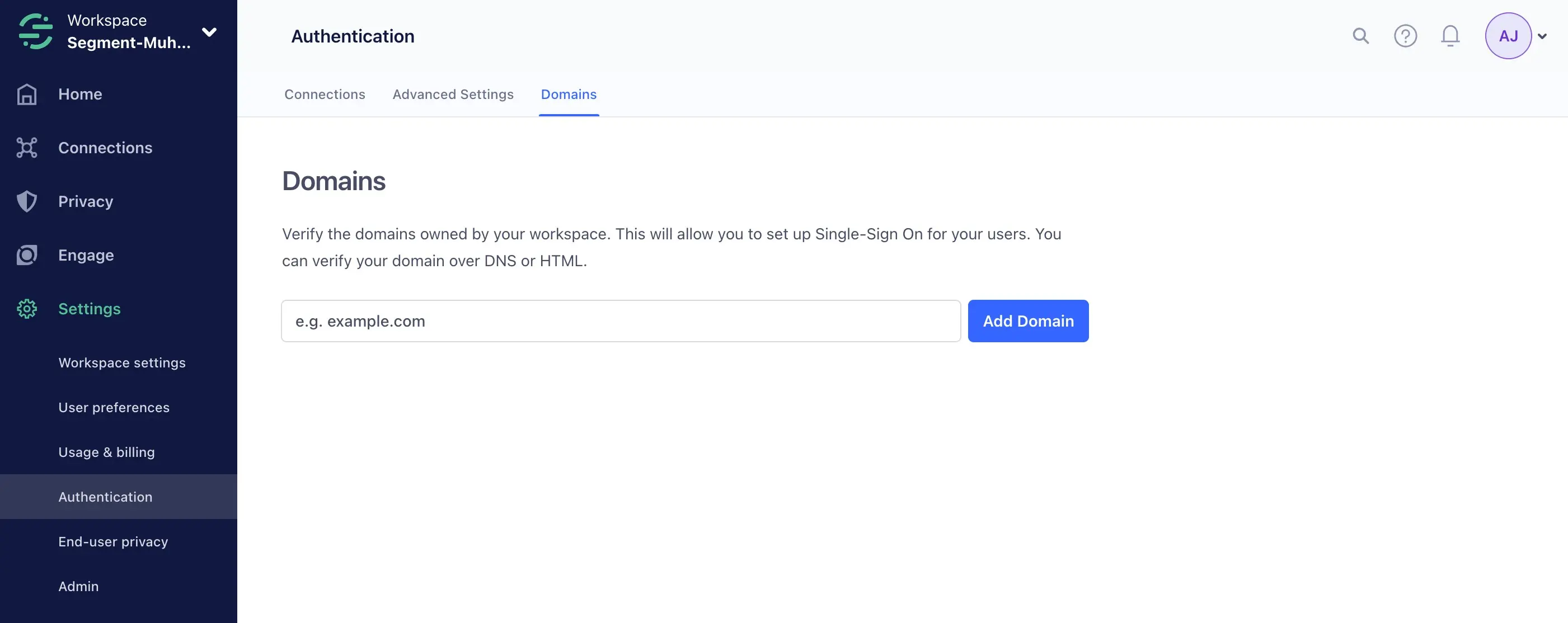 Domains page for verifying workspace domains for SSO setup.