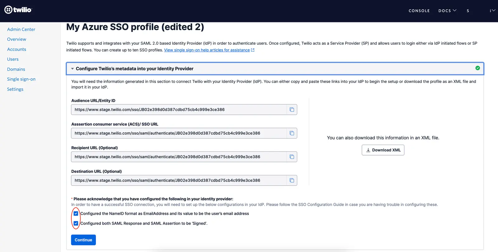 Azure SSO profile configuration with Twilio metadata and download XML option.