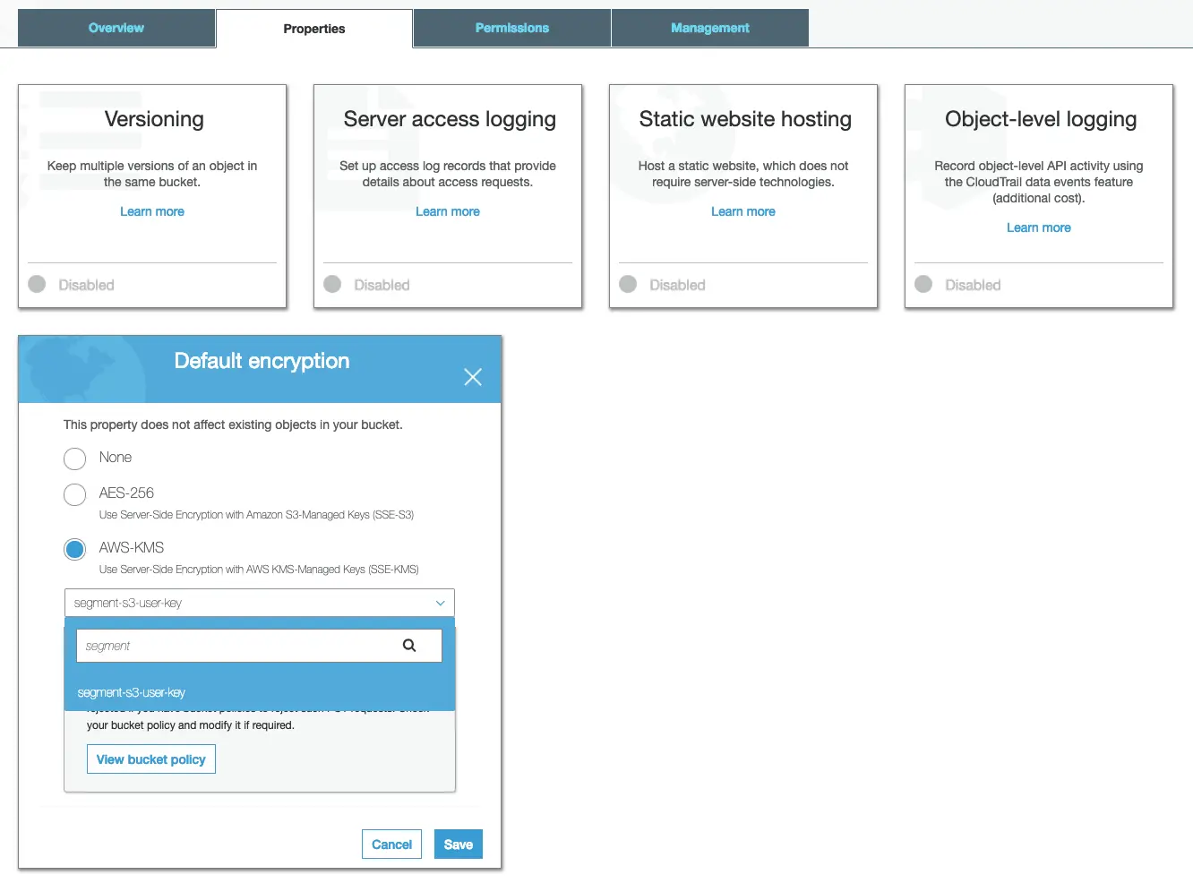 AWS S3 bucket default encryption set to AWS-KMS with key selection options.