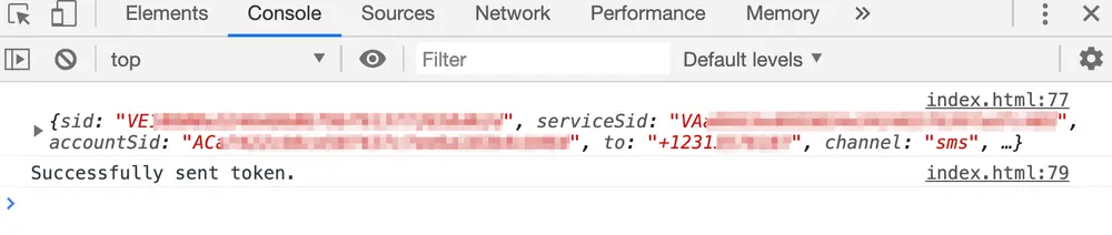 Console output showing successful token sent via SMS to a phone number.