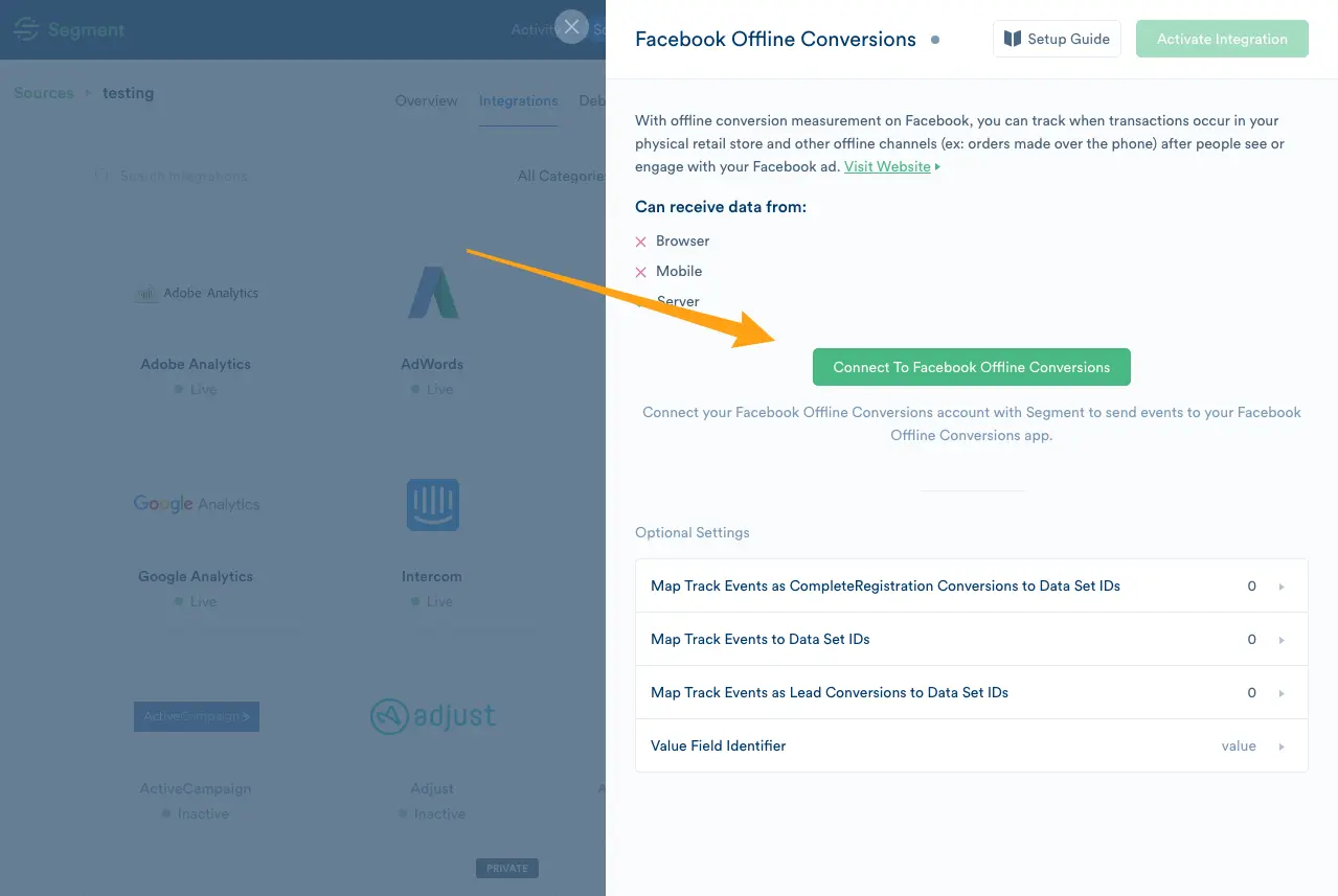 Facebook Offline Conversions connected in Segment with reauthorize and disconnect options.