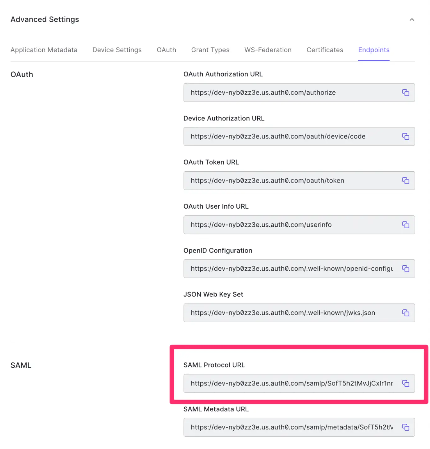 Auth0 endpoints with highlighted SAML Protocol URL.