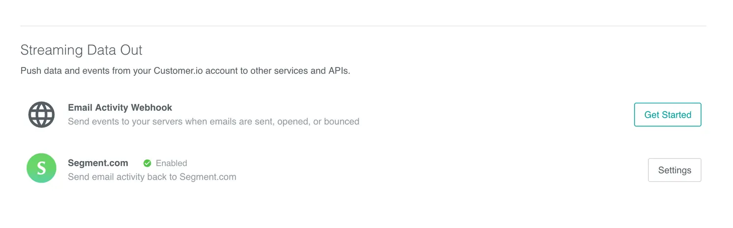 Streaming Data Out page with Segment.com enabled for email activity.