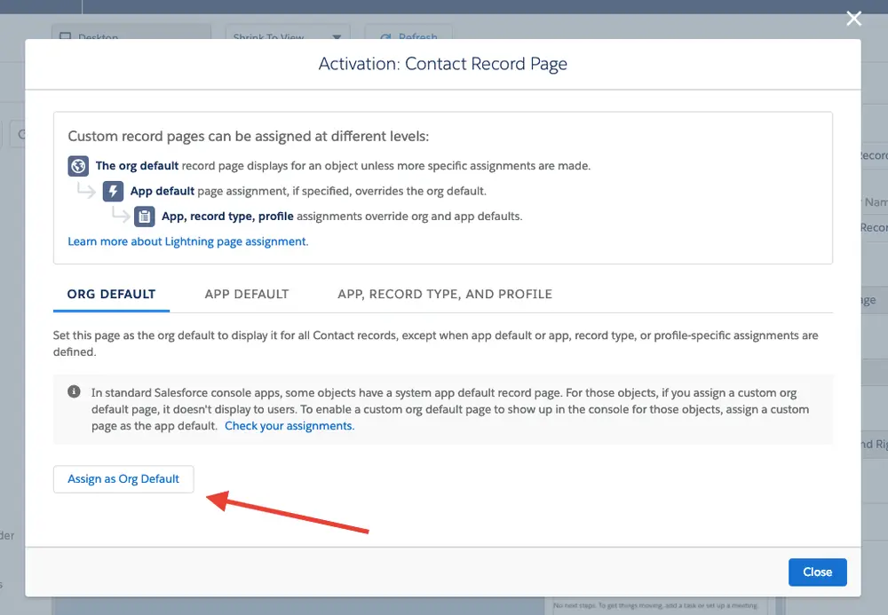Activation window for setting contact record page as org default with an arrow pointing to 'Assign as Org Default'.