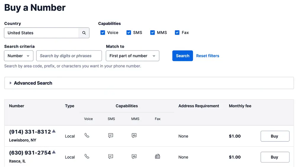 'Buy a number' page in Twilio's Phone Numbers console. In the top right, Voice and SMS capabilities are both selected.
