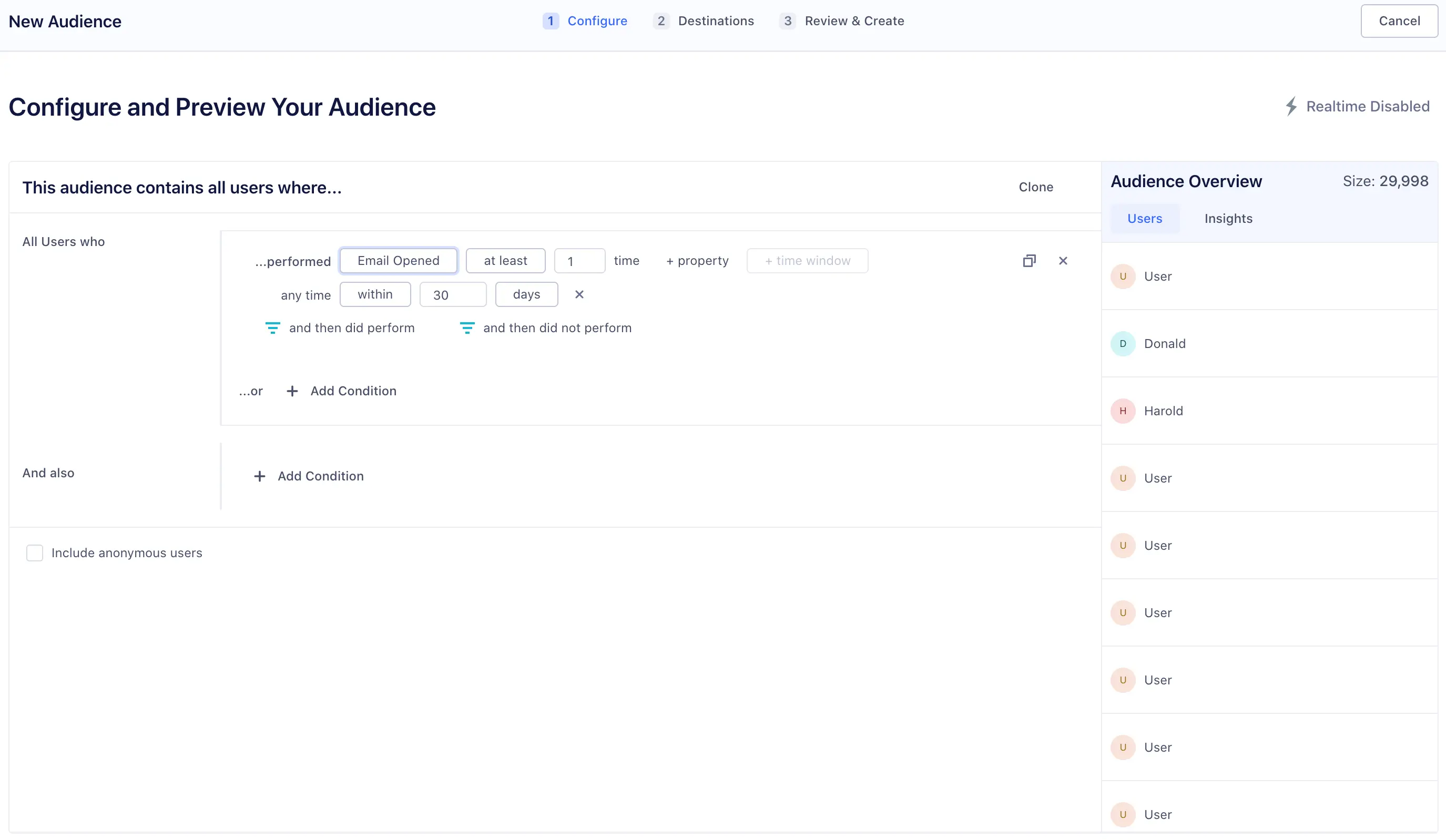 Segment page showing users who opened at least one email in the last 30 days.