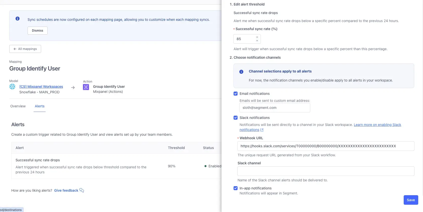 Alerts tab for Group Identify User mapping with alert threshold and notification settings.