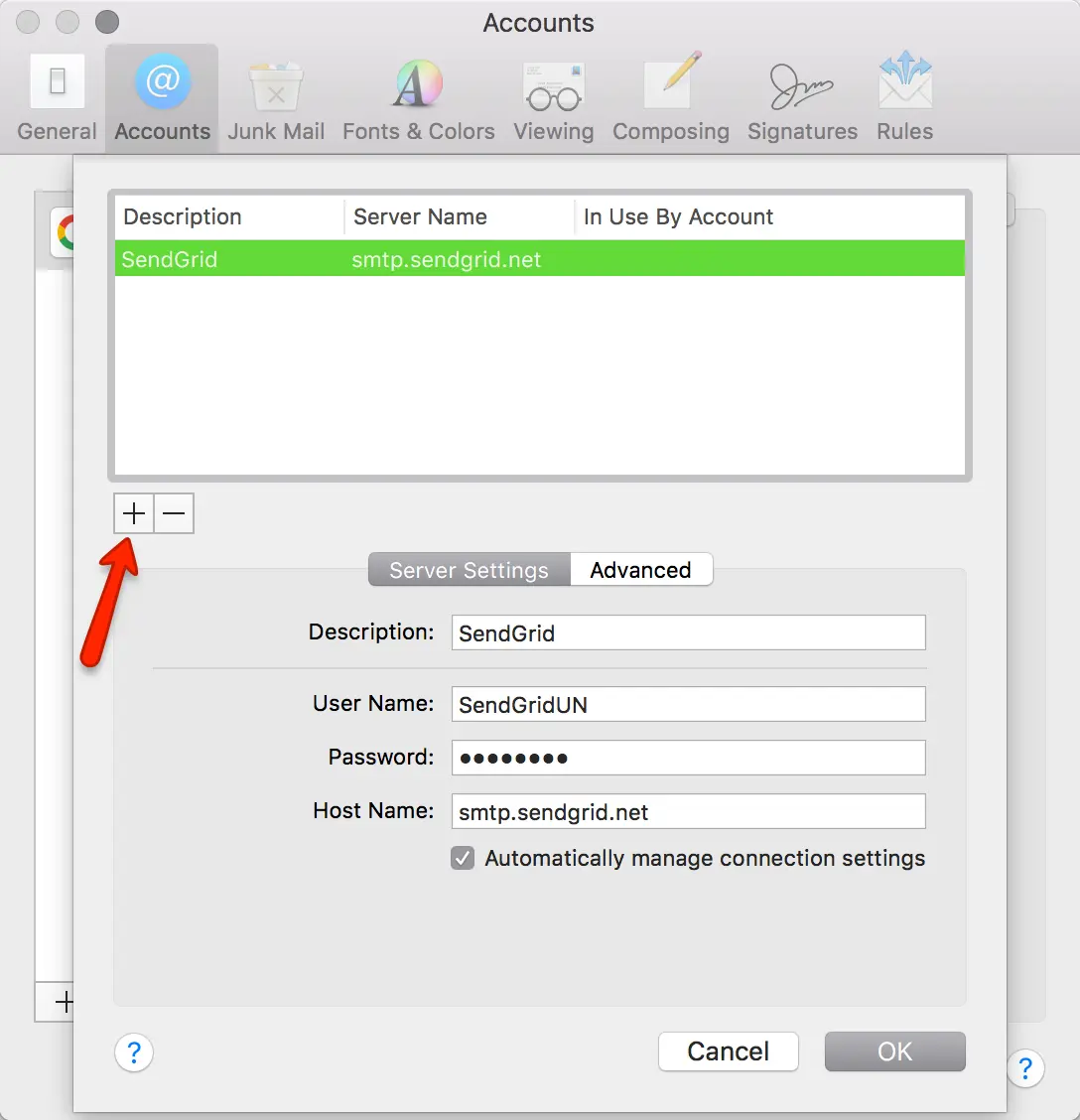 Apple Mail accounts window with plus button highlighted to add SMTP server.
