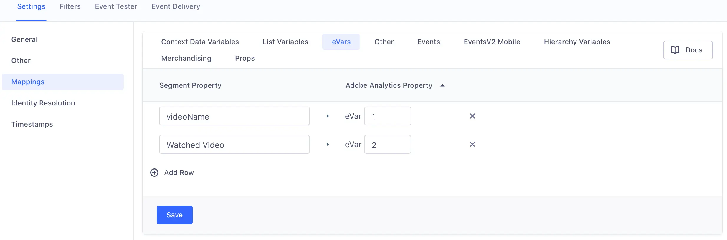 A screenshot of the Adobe Analytics settings page in Segment, with the Mappings section selected and two sample mappings under the eVars tab.