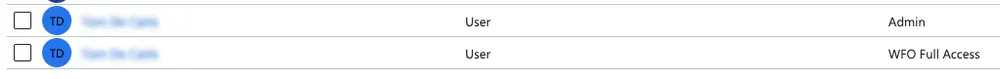 Azure Flex Insights app roles showing Admin and WFO Full Access for users.