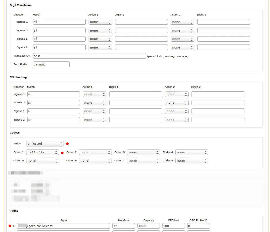 Sansay configuration showing digit translation, RN handling, codecs, and FQDN settings.