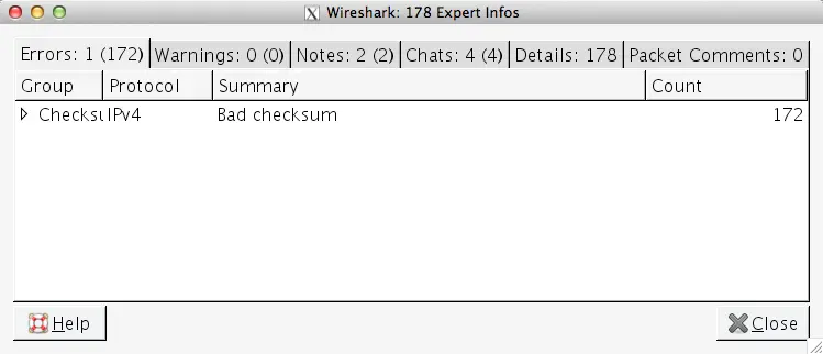 Wireshark expert info showing 172 IPv4 checksum errors.