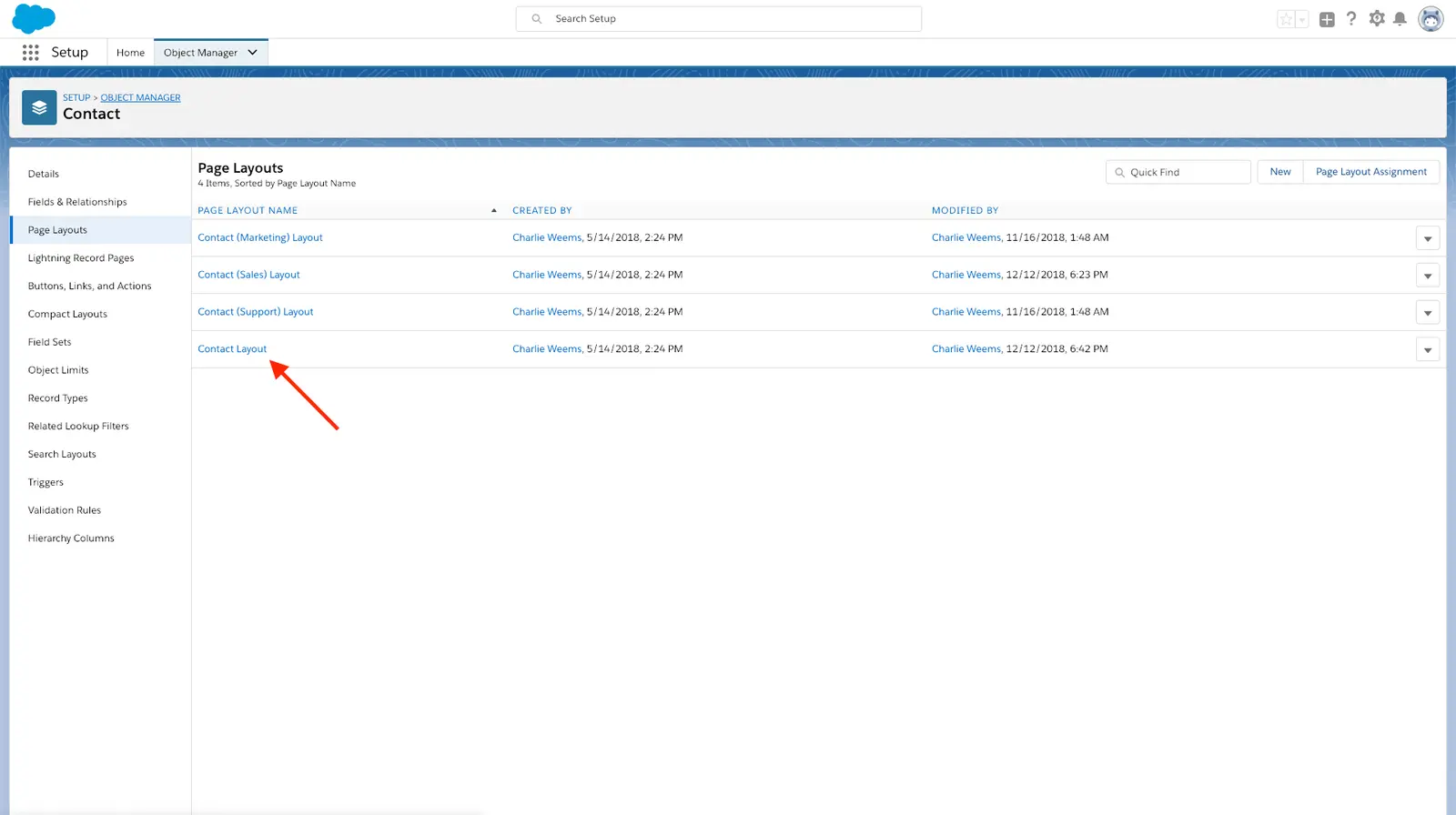 Salesforce contact page layout with mobile and lightning actions highlighted.