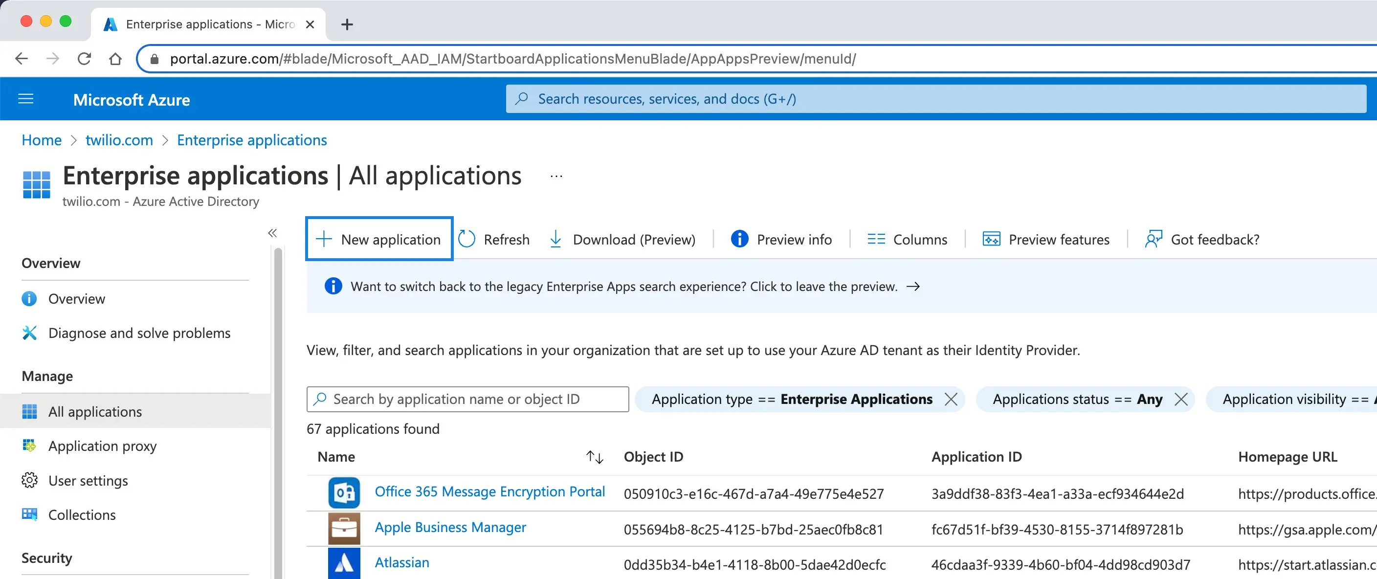 Azure AD portal showing Enterprise applications with a highlighted 'New application' button.