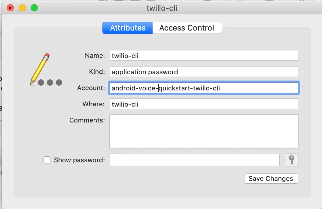 Application password settings for 'twilio-cli' with account 'android-voice-quickstart-twilio-cli'.