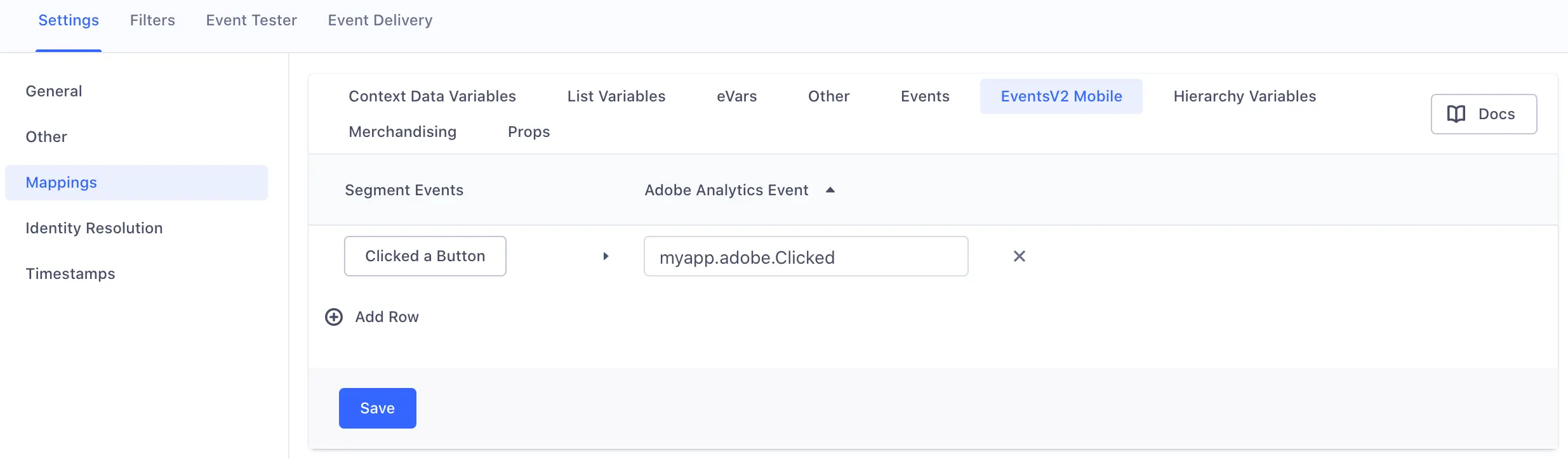 The Adobe Analytics settings page in Segment, with the Mappings section selected for EventsV2 Mobile with 'Clicked a Button' mapped to 'myapp.adobe.Clicked'.