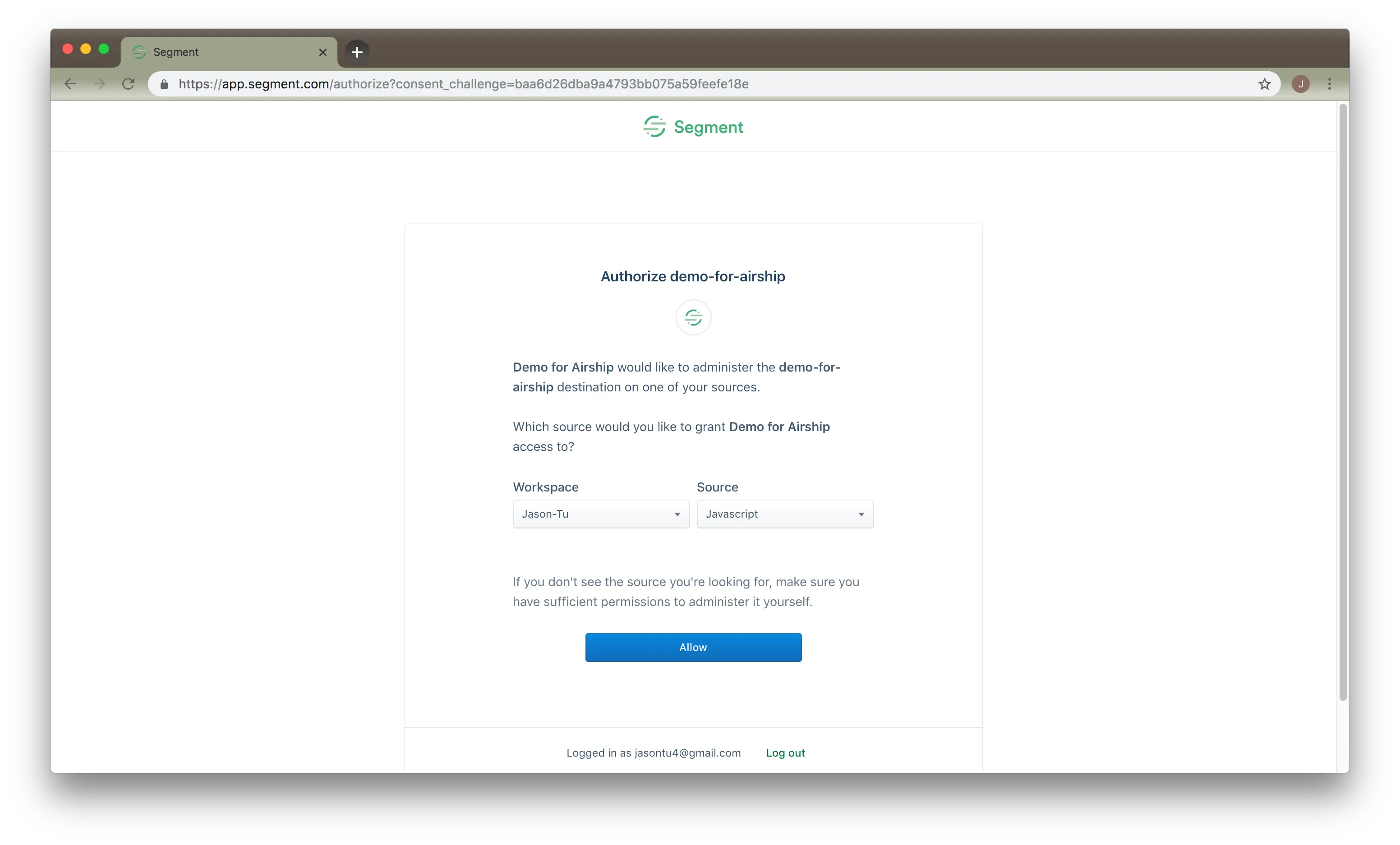 The Authorize App page, with a selected source and destination.