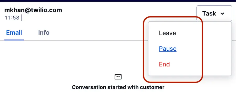 Task dropdown with options: Leave, Pause, End.
