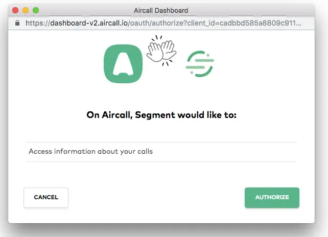 Aircall authorization popup requesting access to call information with options to cancel or authorize.