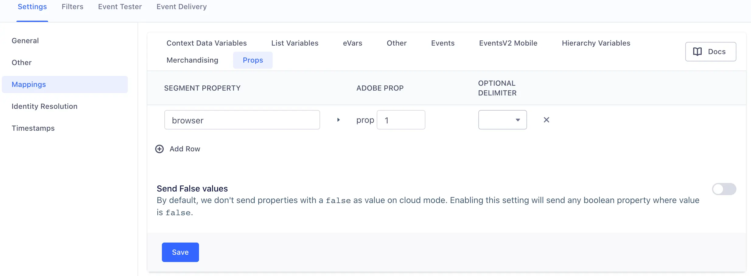 A screenshot of the Adobe Analytics settings page in Segment, with the Mappings section selected and a sample property mapping under the Props tab.