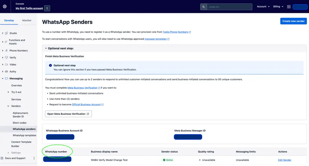 WhatsApp sender setup page with business verification steps and sender details table.