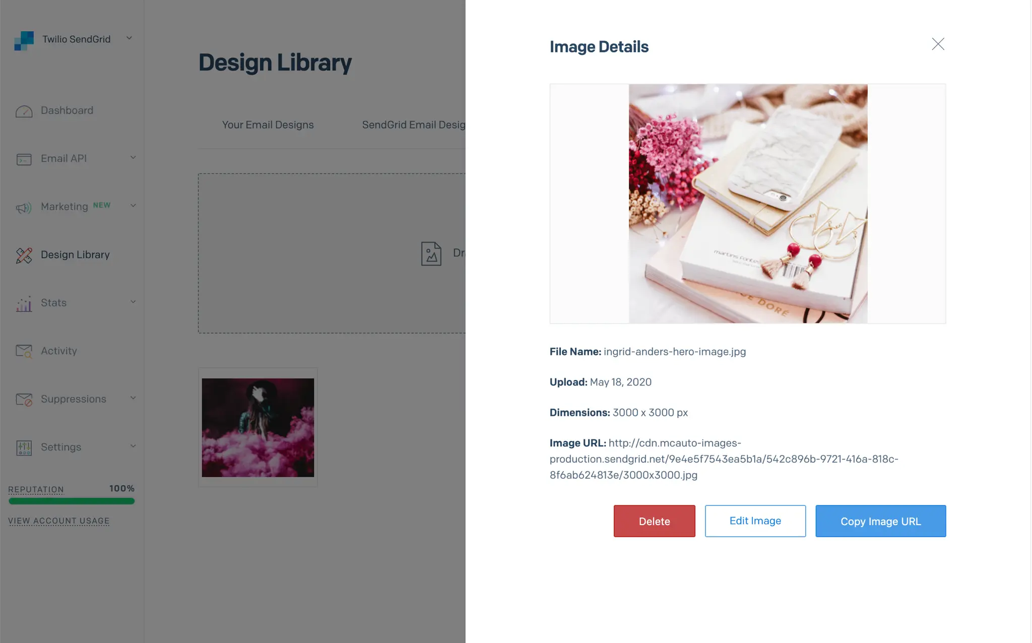 Sidebar modal with details, options to delete, edit, or copy URL.